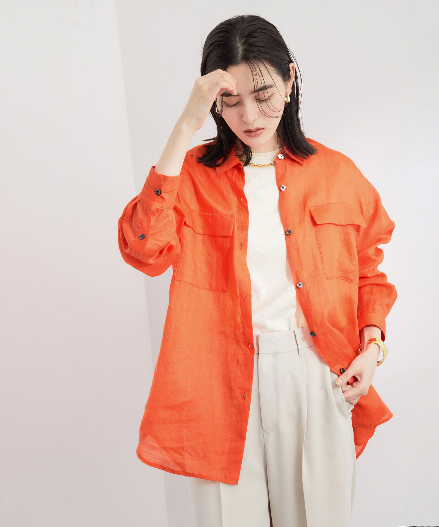 ROPE「【洗える】ラミーフラップポケットシアーシャツ/一部カラーセットアップ対応」|シャツ・ブラウス|オレンジ(70)