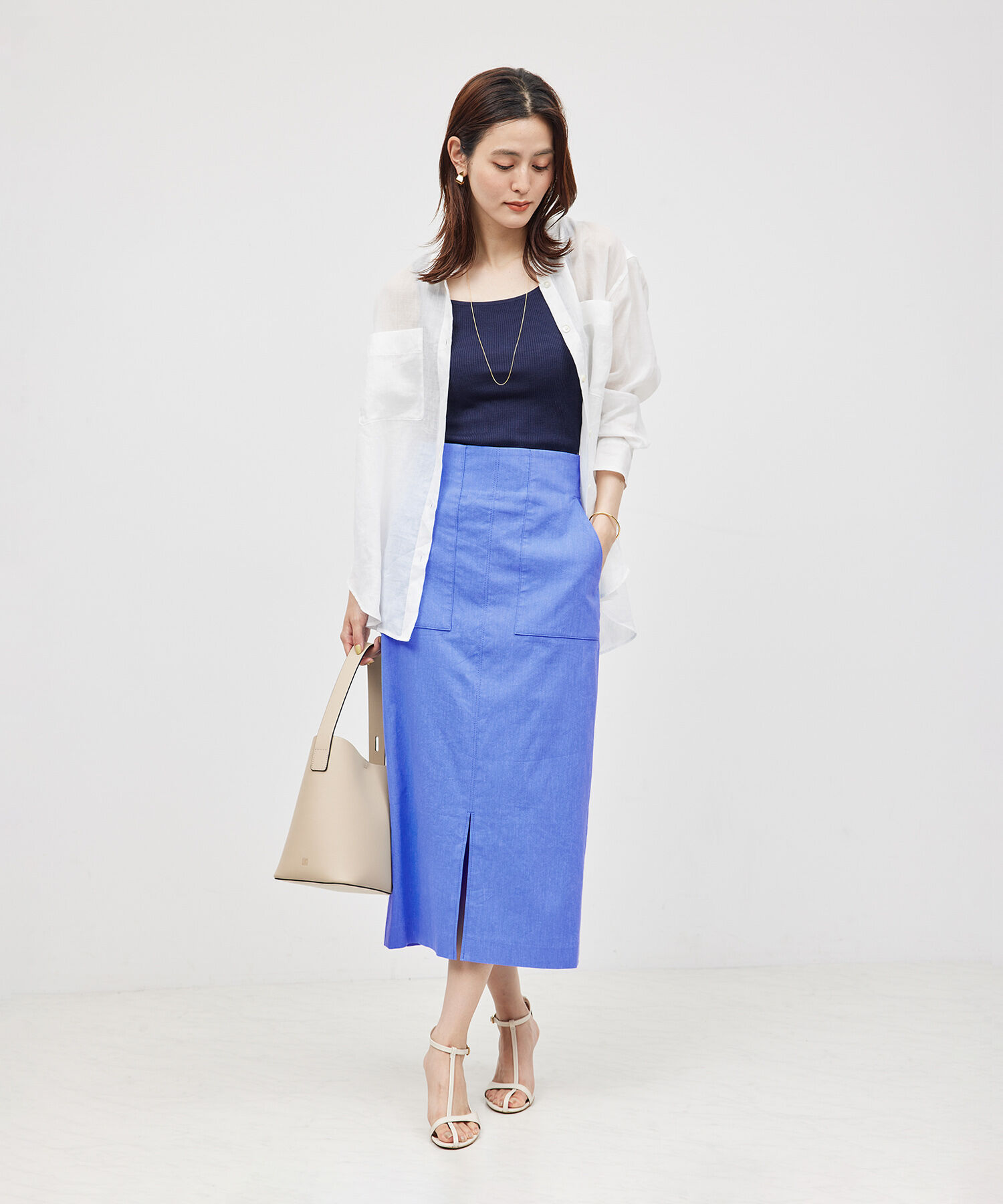 ROPE「【洗える】【新色追加】コットンリネンポケット付きタイトスカート」|スカート|