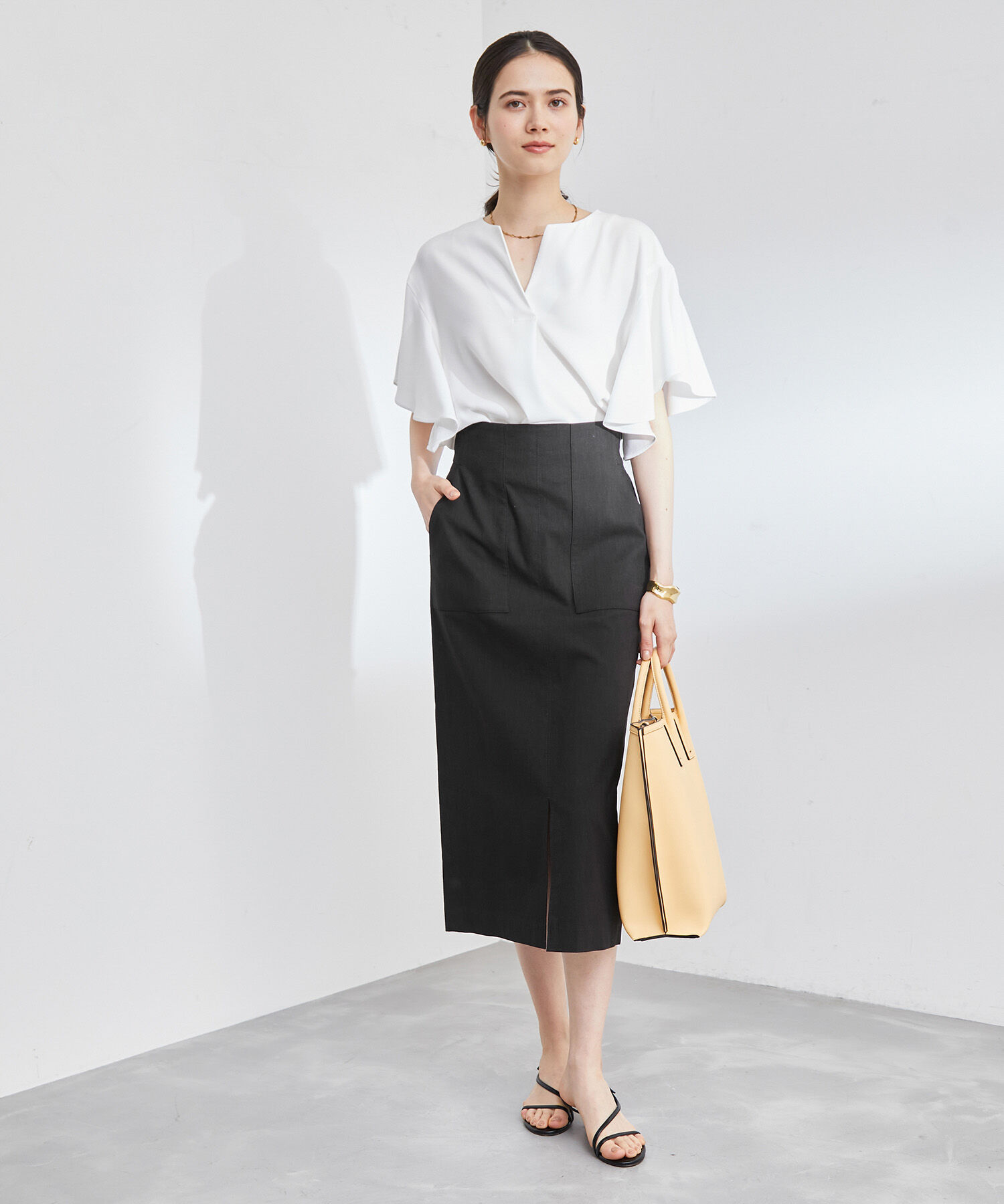 ROPE「【洗える】【新色追加】コットンリネンポケット付きタイトスカート」|スカート|