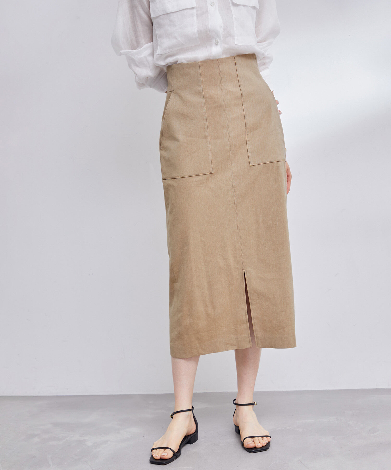 ROPE「【洗える】【新色追加】コットンリネンポケット付きタイトスカート」|スカート|ベージュ系(28)