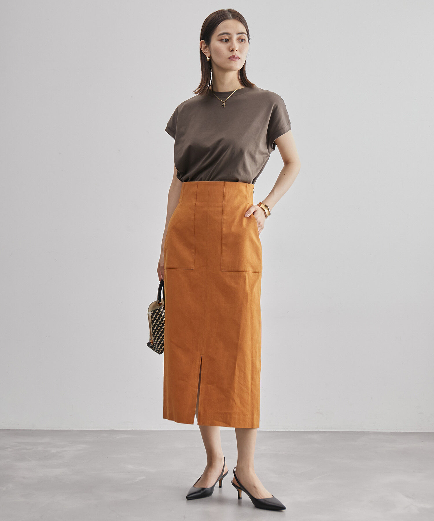 ROPE「【洗える】【新色追加】コットンリネンポケット付きタイトスカート」|スカート|