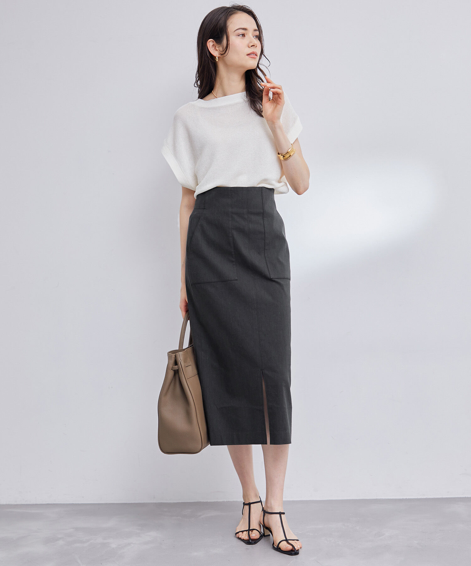 ROPE「【洗える】【新色追加】コットンリネンポケット付きタイトスカート」|スカート|