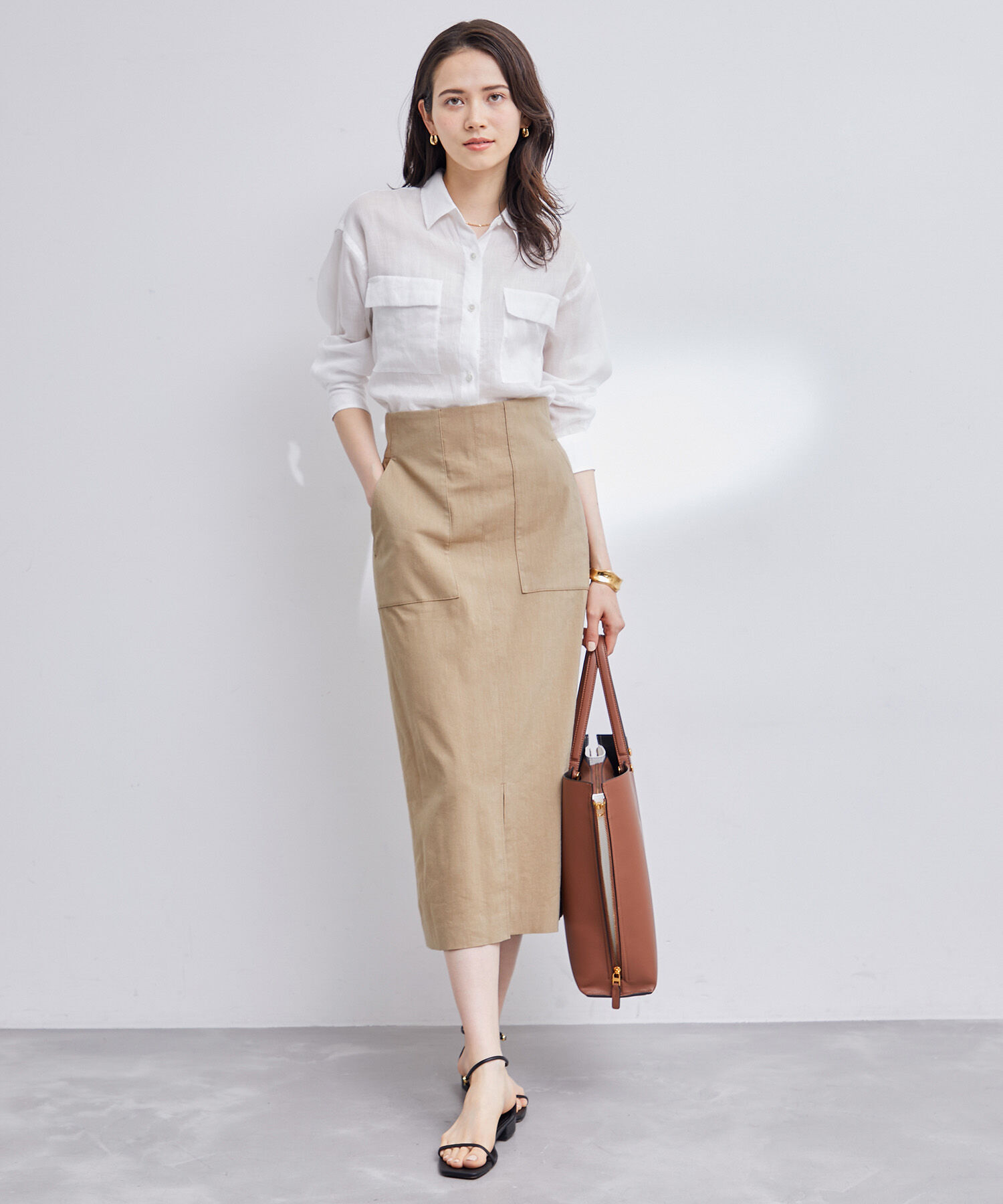 ROPE「【洗える】【新色追加】コットンリネンポケット付きタイトスカート」|スカート|