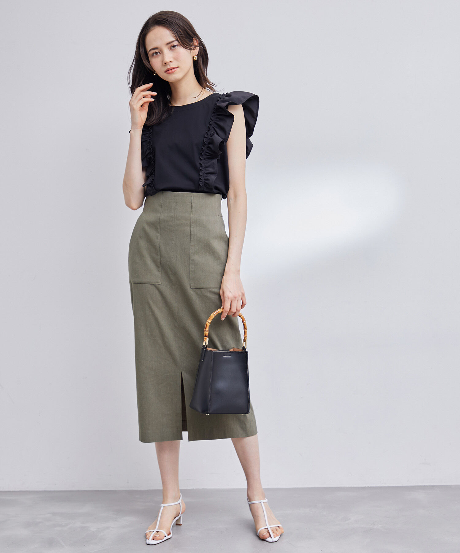 ROPE「【洗える】【新色追加】コットンリネンポケット付きタイトスカート」|スカート|