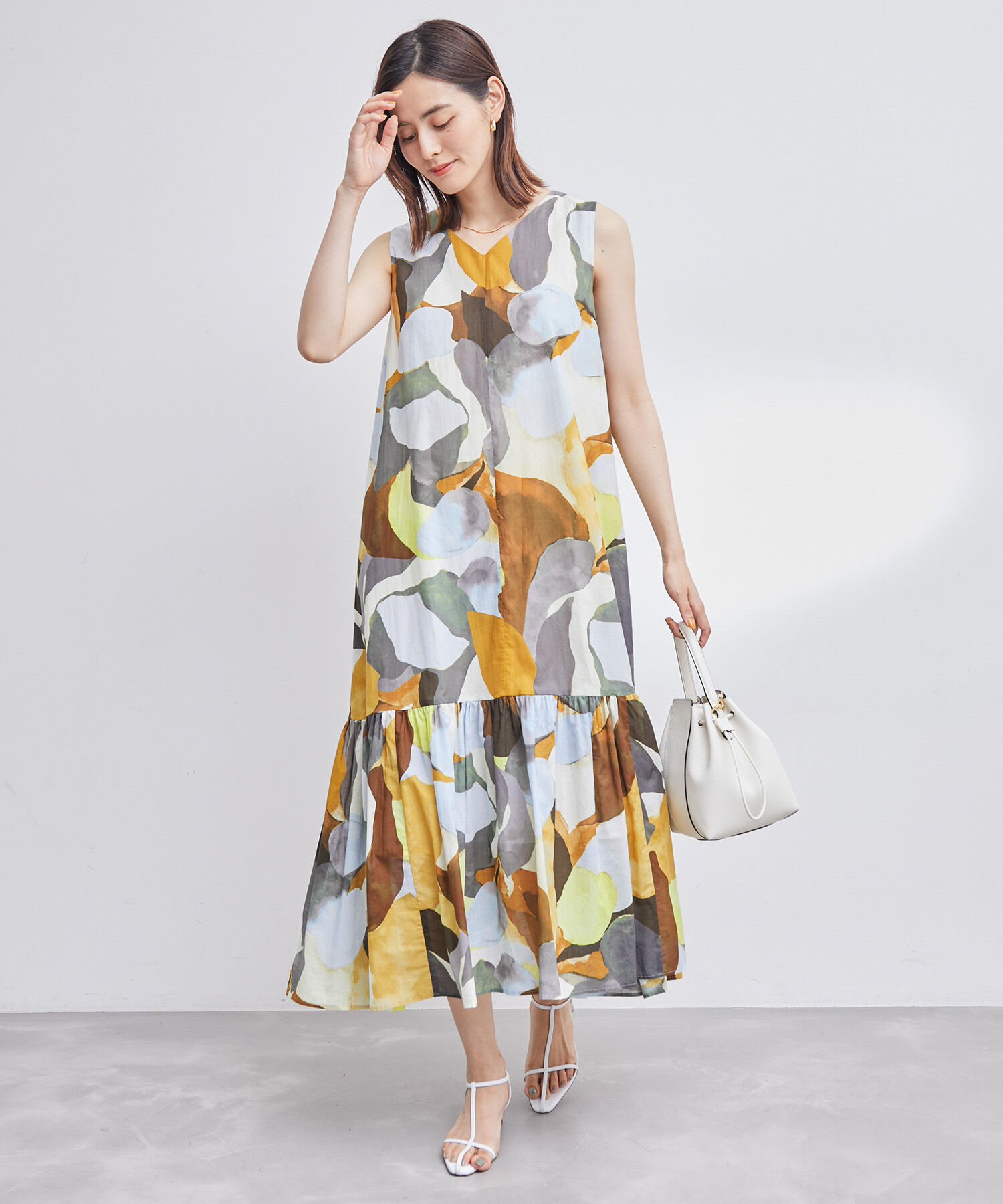 ROPE「プリント＆無地 ティアードワンピース」|ワンピース|