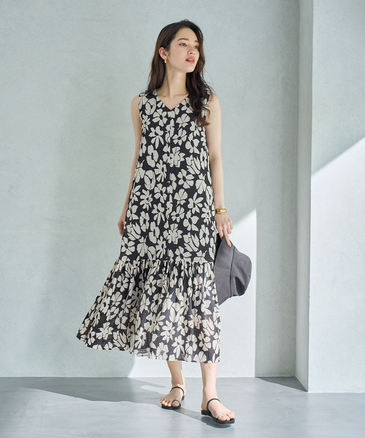 ROPE「プリント＆無地 ティアードワンピース」|ワンピース|