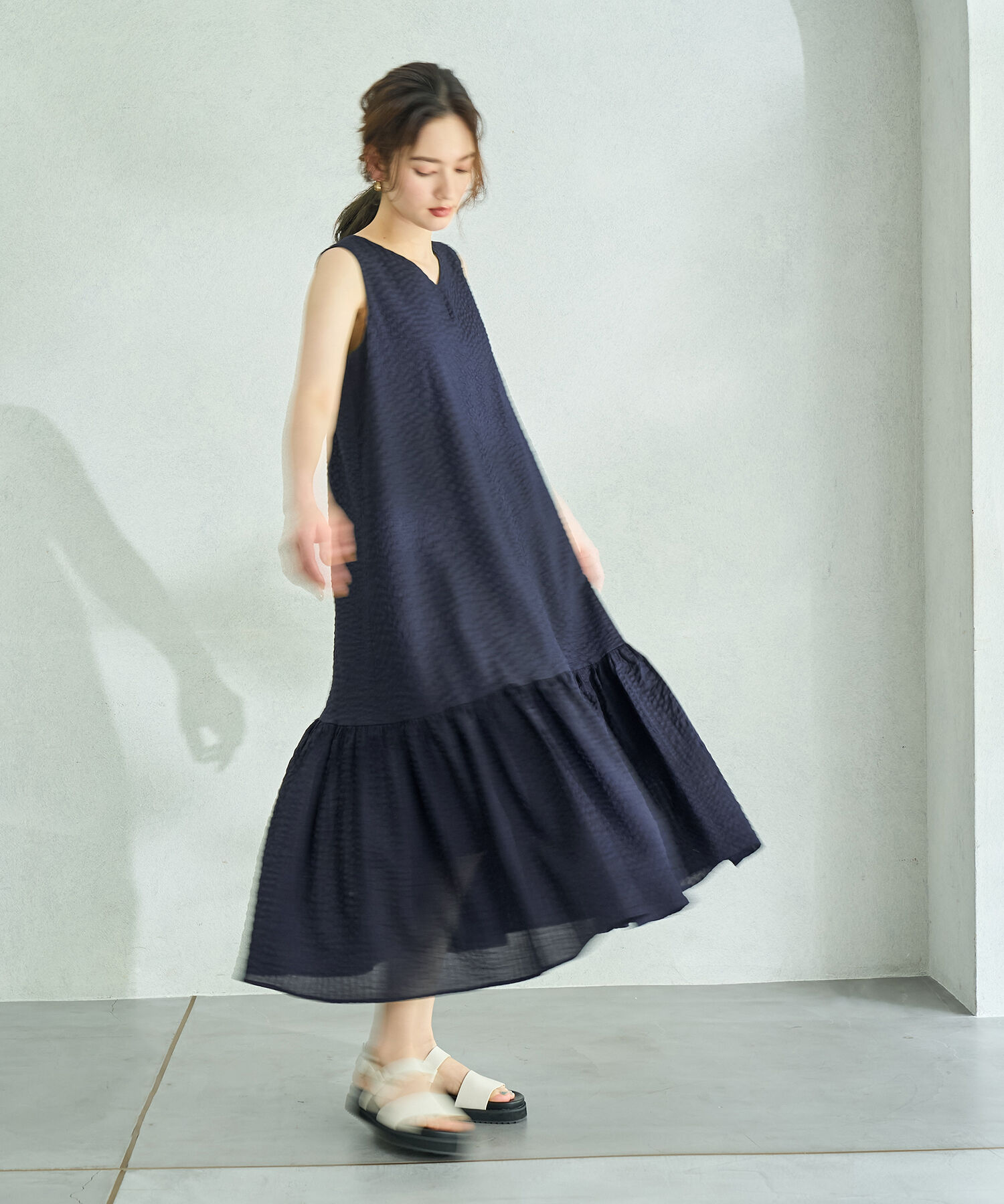 ROPE「プリント＆無地 ティアードワンピース」|ワンピース|