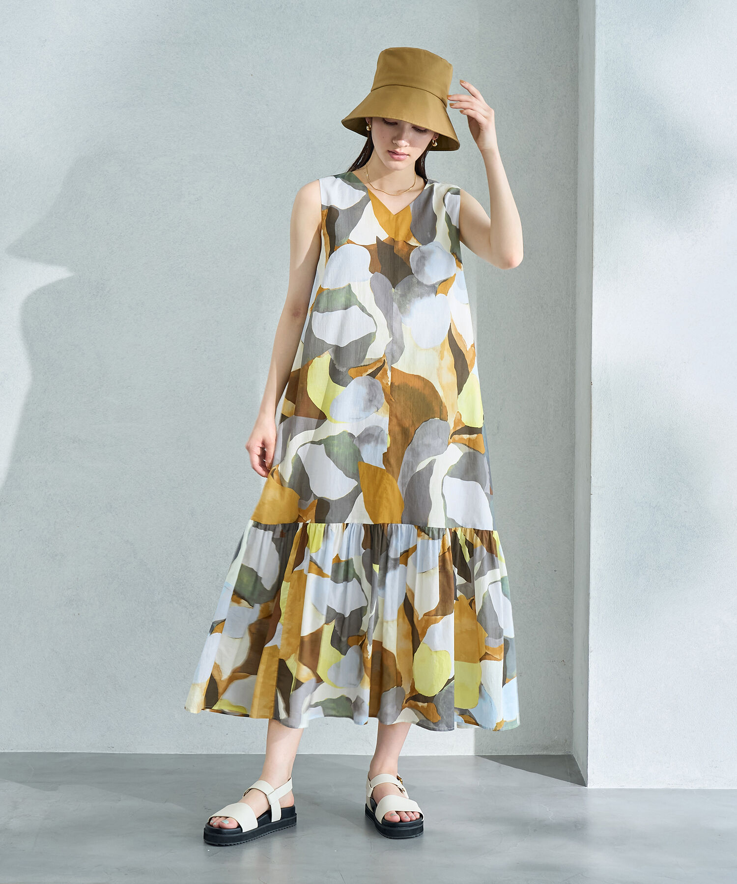 ROPE「プリント＆無地 ティアードワンピース」|ワンピース|