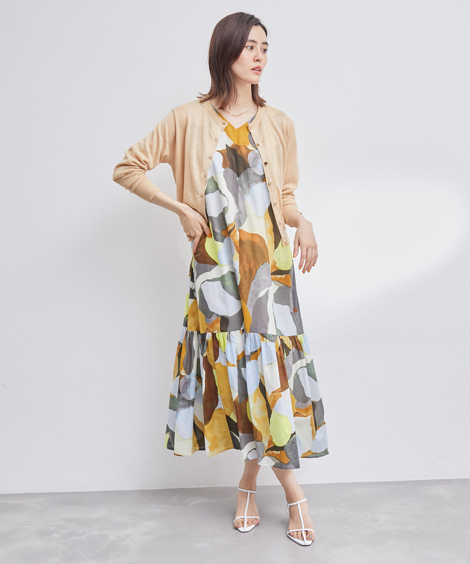 ROPE「プリント＆無地 ティアードワンピース」|ワンピース|