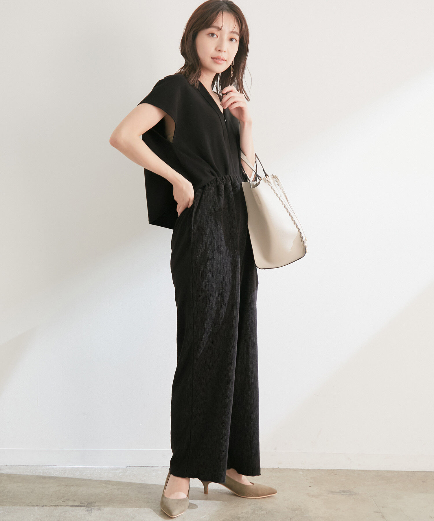 VIS「【美短】ジャージドッキングジャンプスーツ」|オールインワン|ブラック(01)