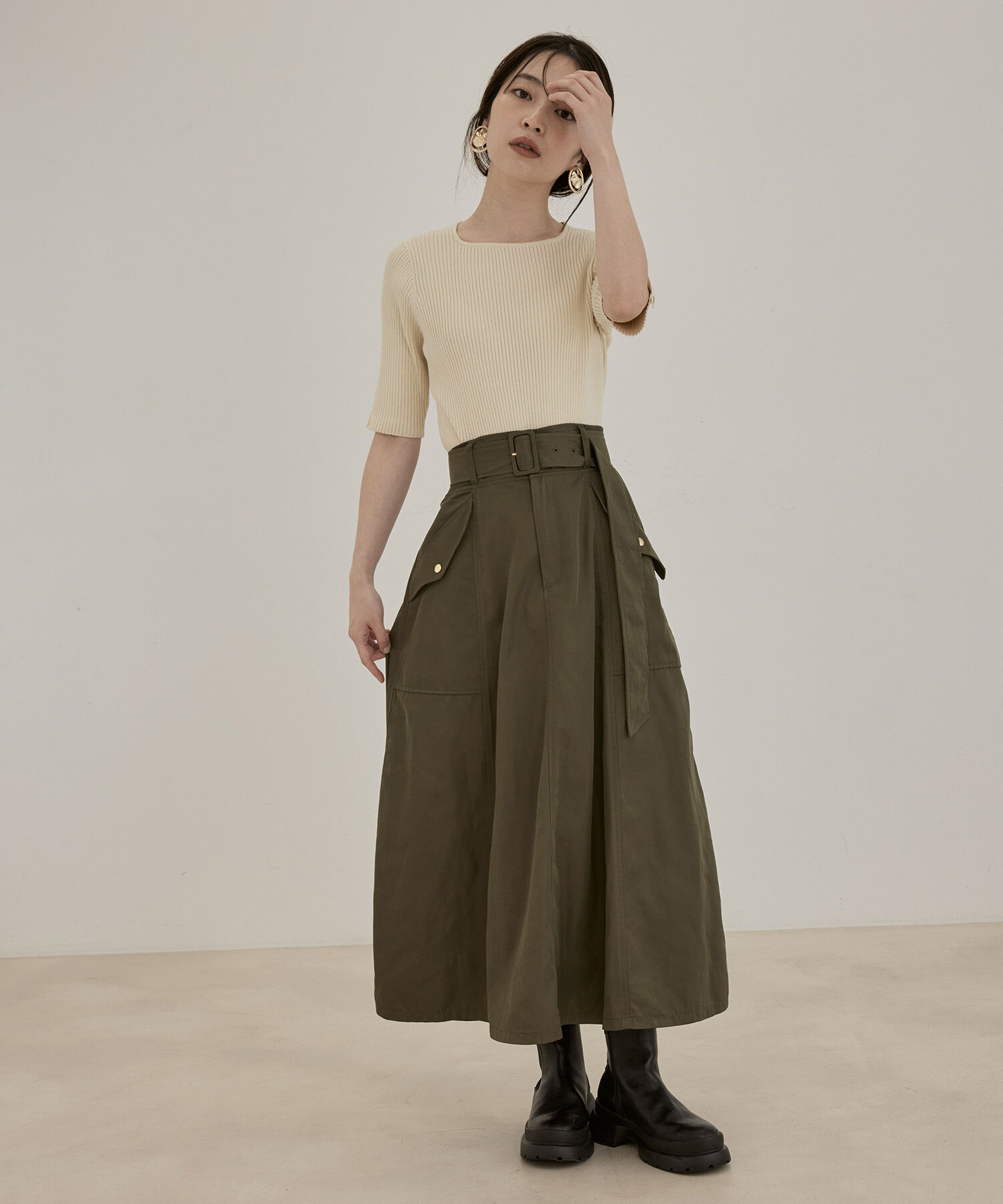 VIS「【洗える】5分袖スクエアネックリブニット」|ニット・セーター|