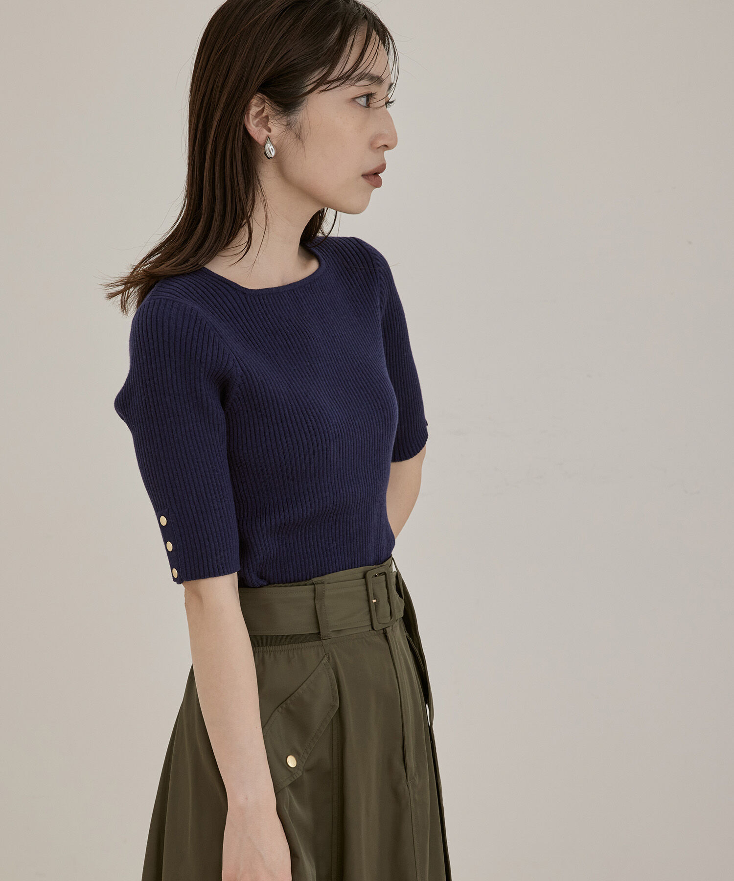 VIS「【洗える】5分袖スクエアネックリブニット」|ニット・セーター|