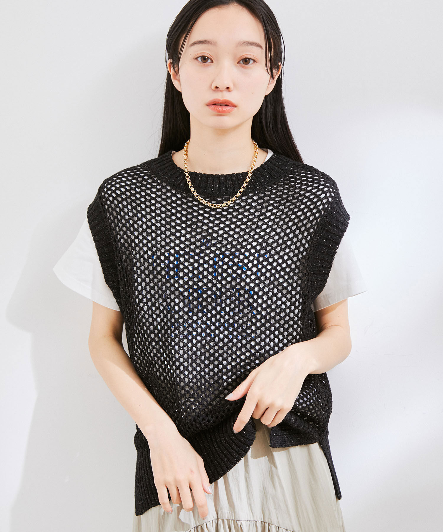 VIS「【前後2WAY】ラメメッシュニットべスト」|ベスト・ジレ|ブラック(01)