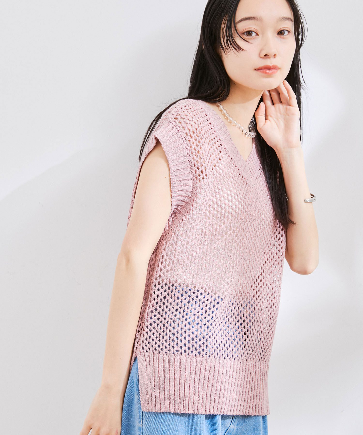 VIS「【前後2WAY】ラメメッシュニットべスト」|ベスト・ジレ|ピンク系(65)