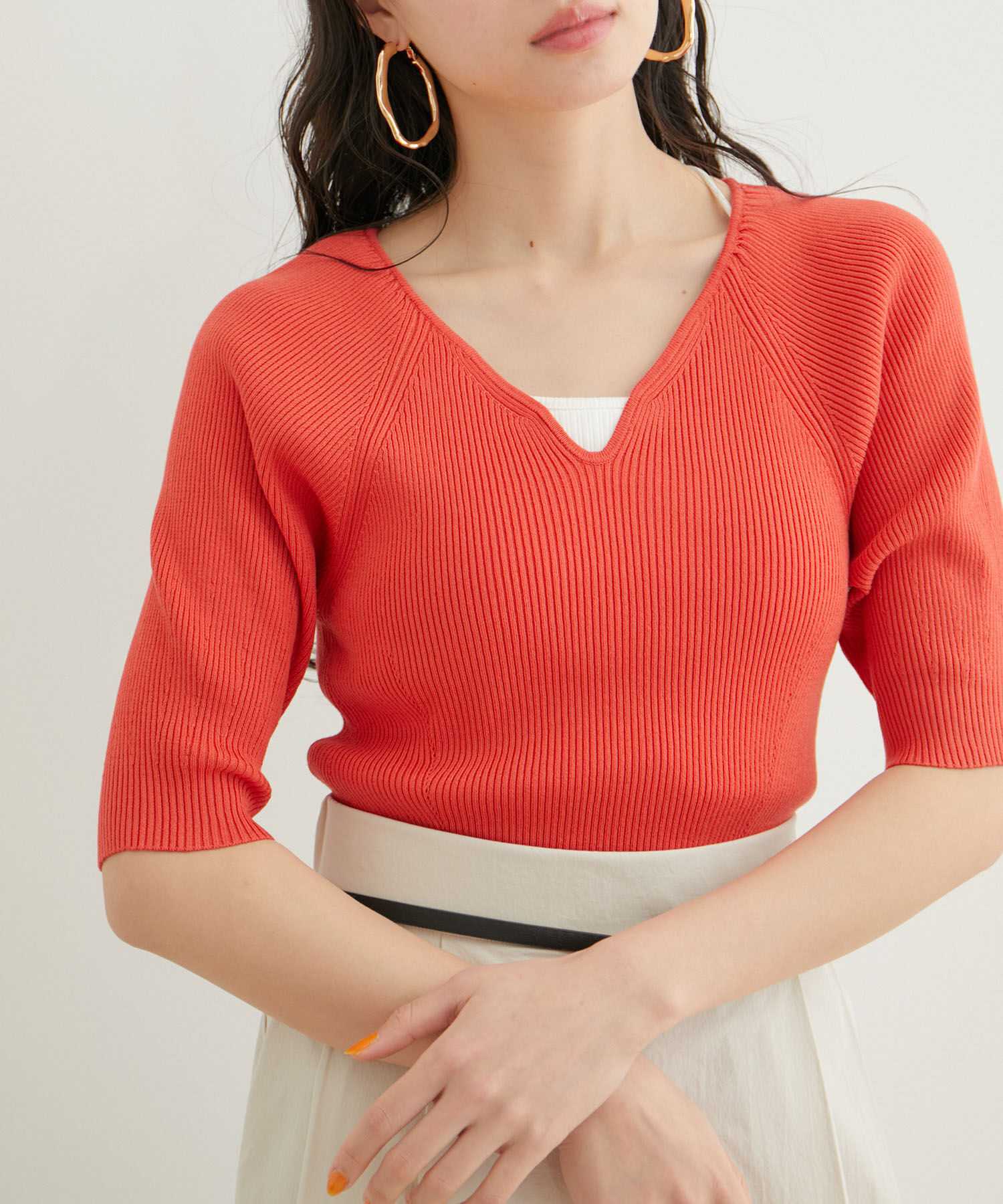 VIS「ハートネックハーフスリーブリブニット」|ニット・セーター|レッド系(62)