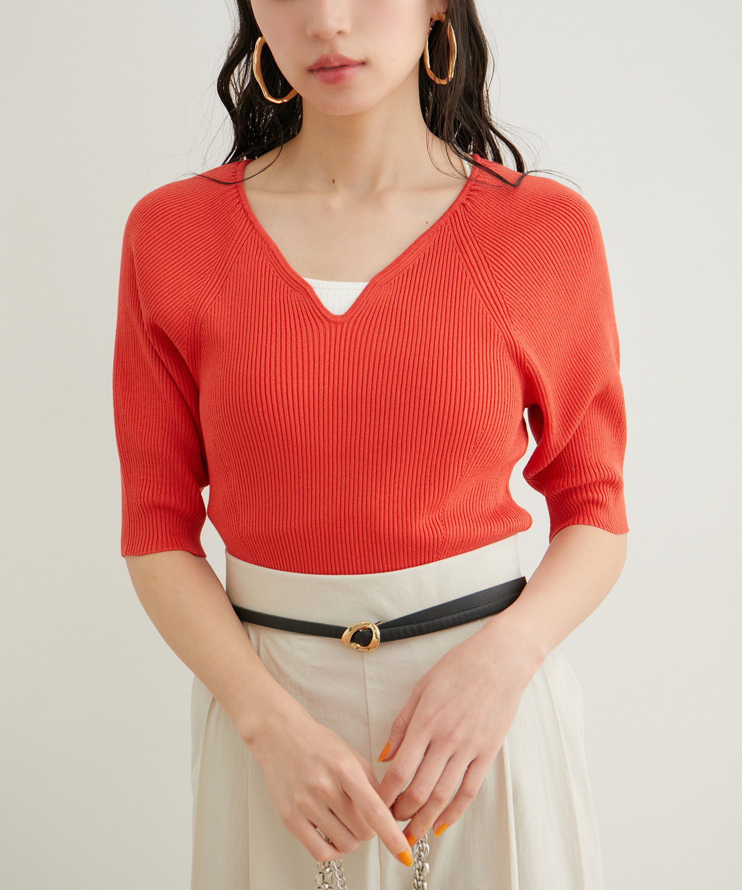 VIS「ハートネックハーフスリーブリブニット」|ニット・セーター|