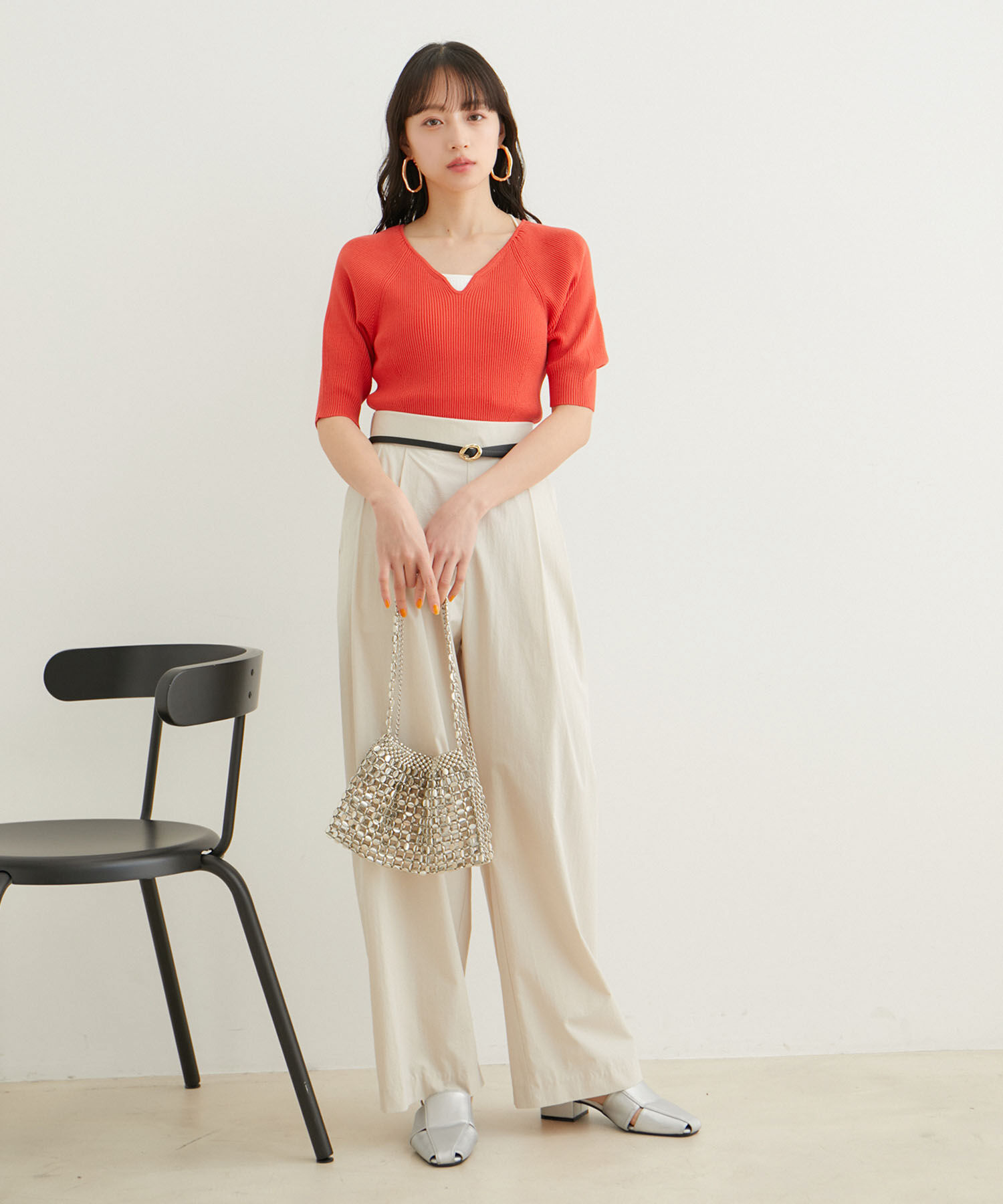 VIS「ハートネックハーフスリーブリブニット」|ニット・セーター|