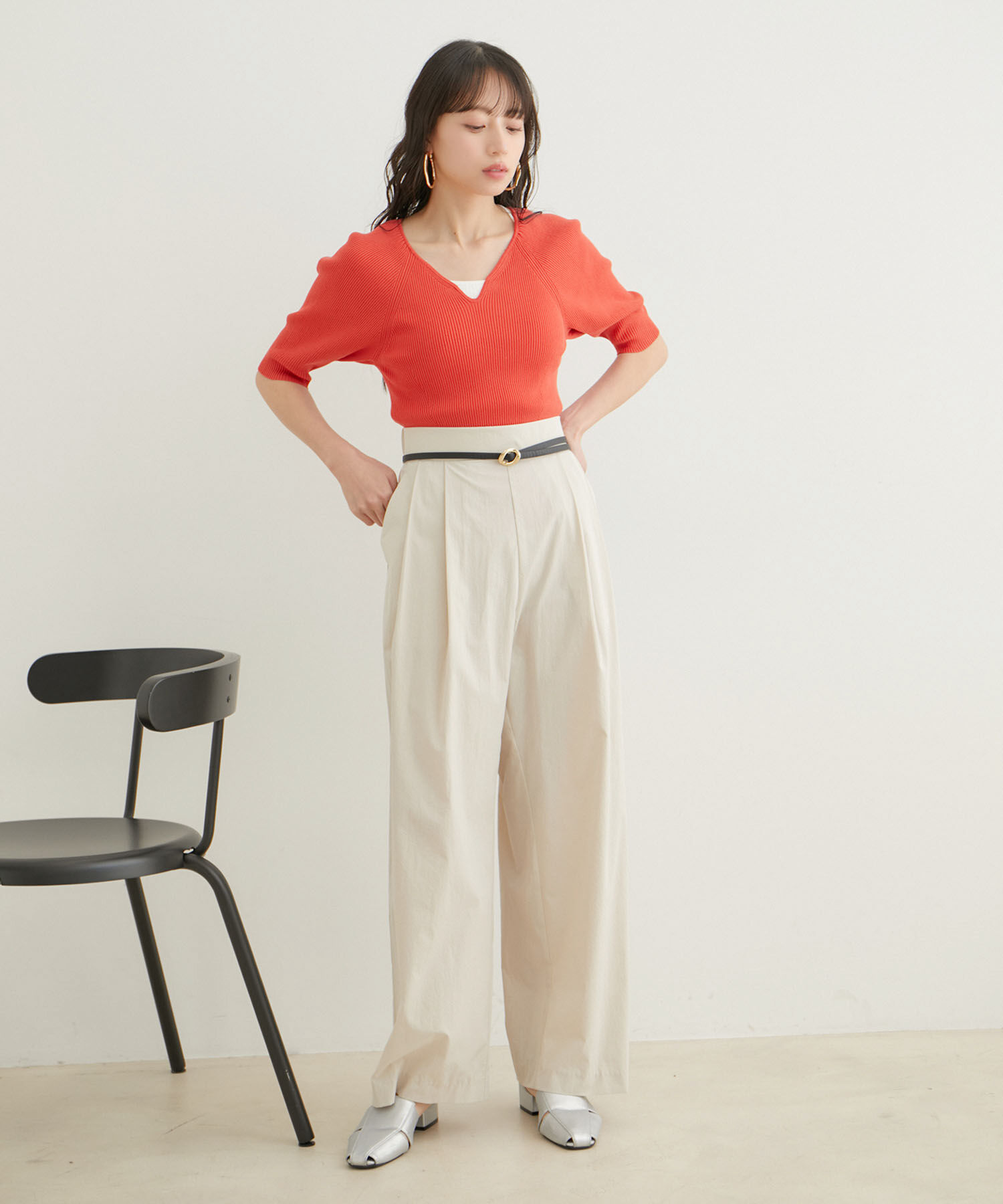 VIS「ハートネックハーフスリーブリブニット」|ニット・セーター|