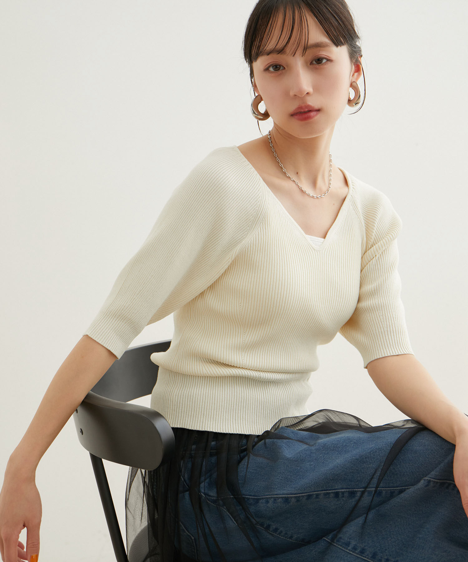 VIS「ハートネックハーフスリーブリブニット」|ニット・セーター|