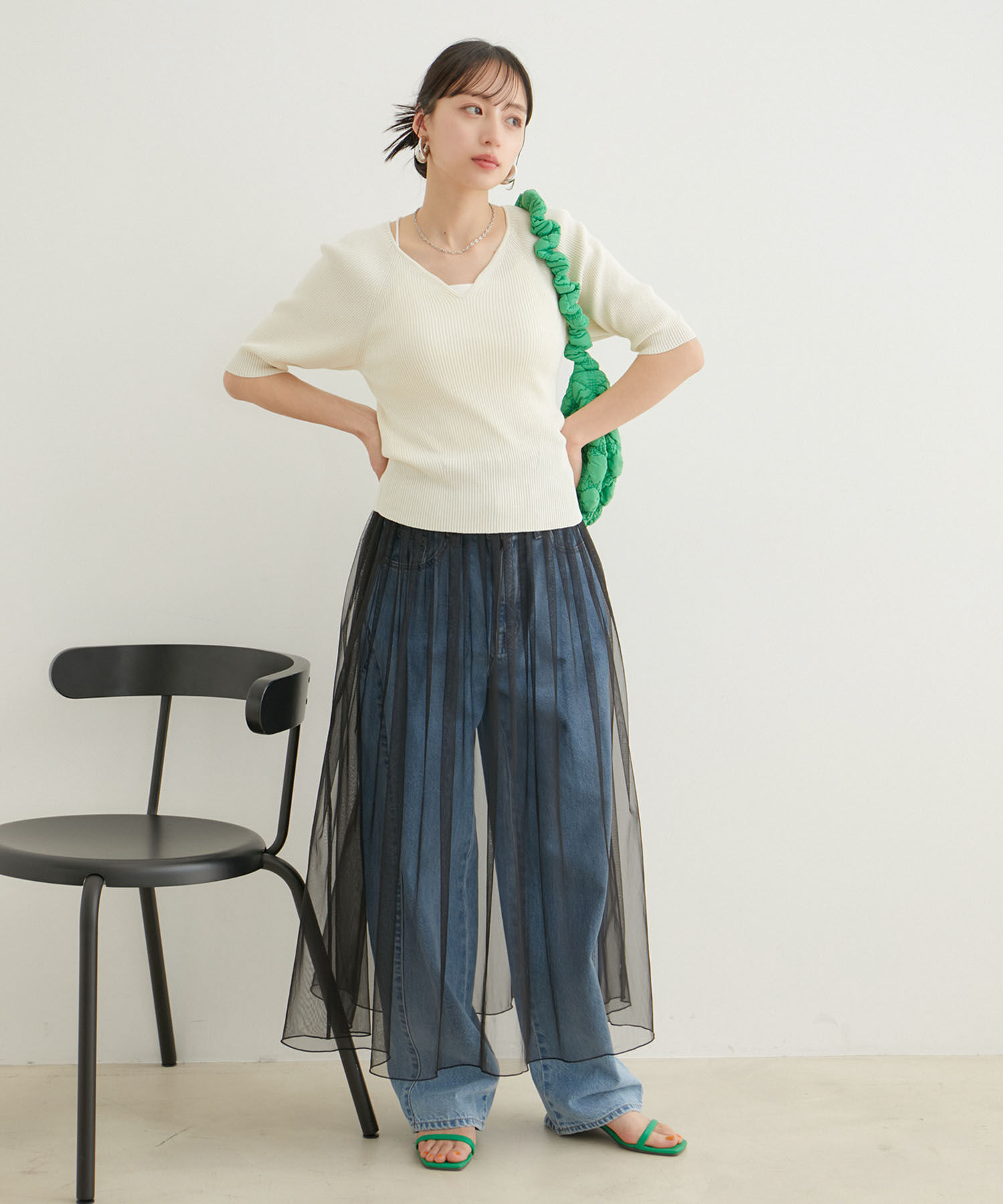 VIS「ハートネックハーフスリーブリブニット」|ニット・セーター|