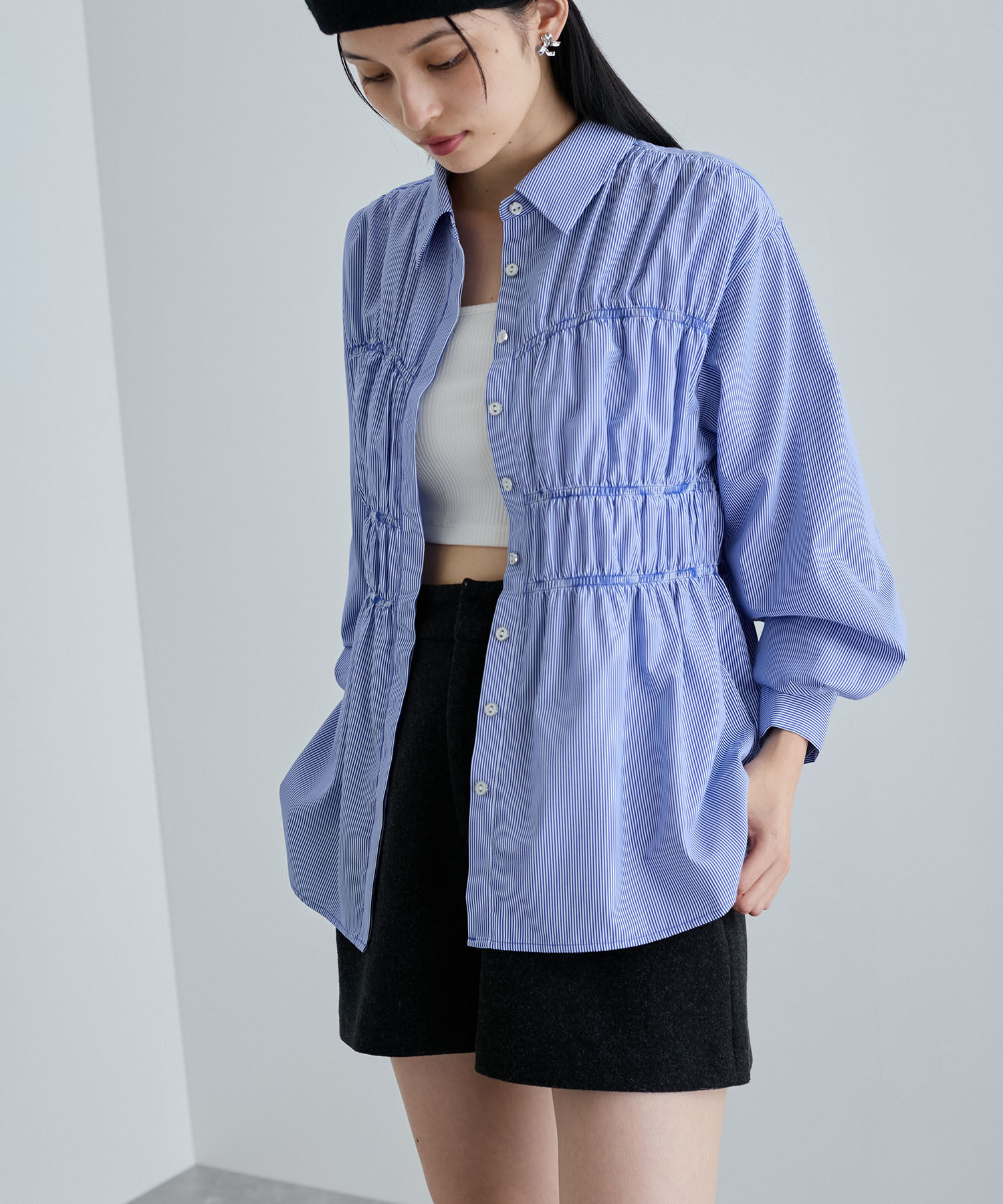 VIS「【洗える】シャーリングデザインシャツ」|シャツ・ブラウス|