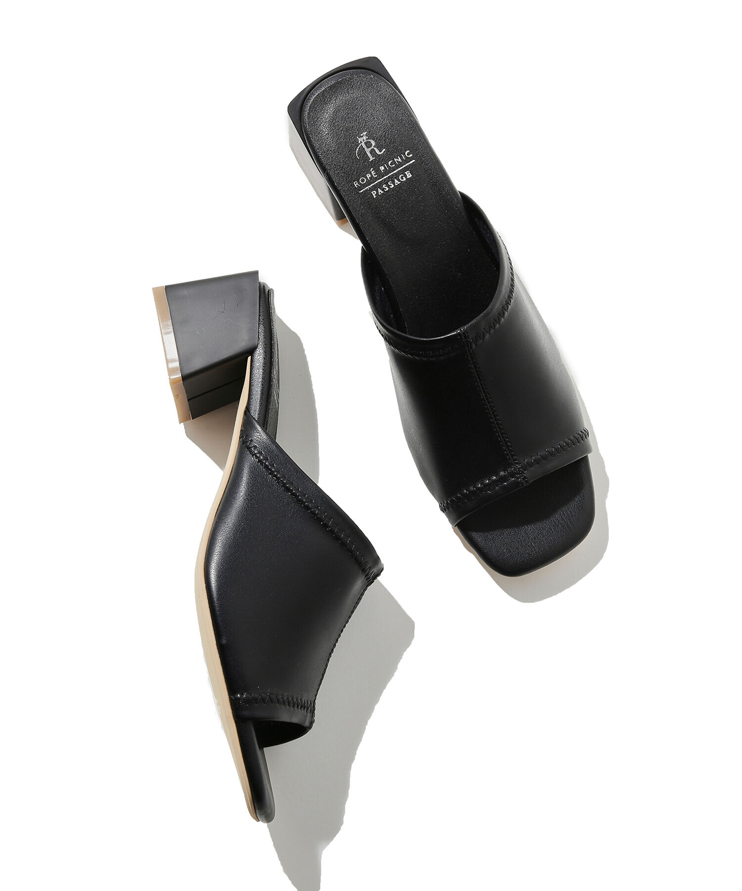 ROPE PICNIC PASSAGE「【WEB限定カラー:グリーン】ストレッチアッパーフレアブロックヒールミュール」|サンダル|