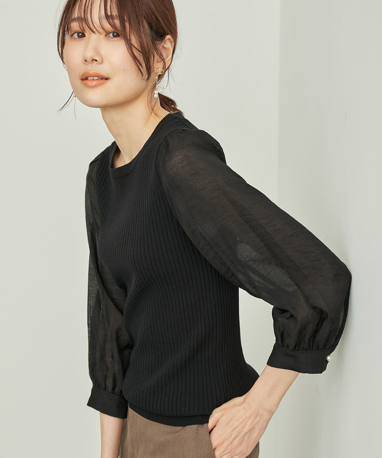 Rope&rsquo;Picnic「シアースリーブニットプルオーバー」|ニット・セーター|ブラック(01)