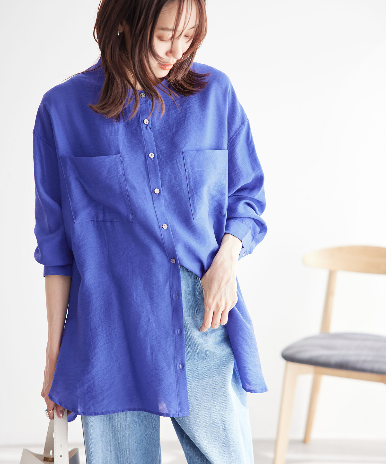 Rope&rsquo;Picnic「バンドカラーポケットシアーシャツ」|シャツ・ブラウス|ブルー(44)