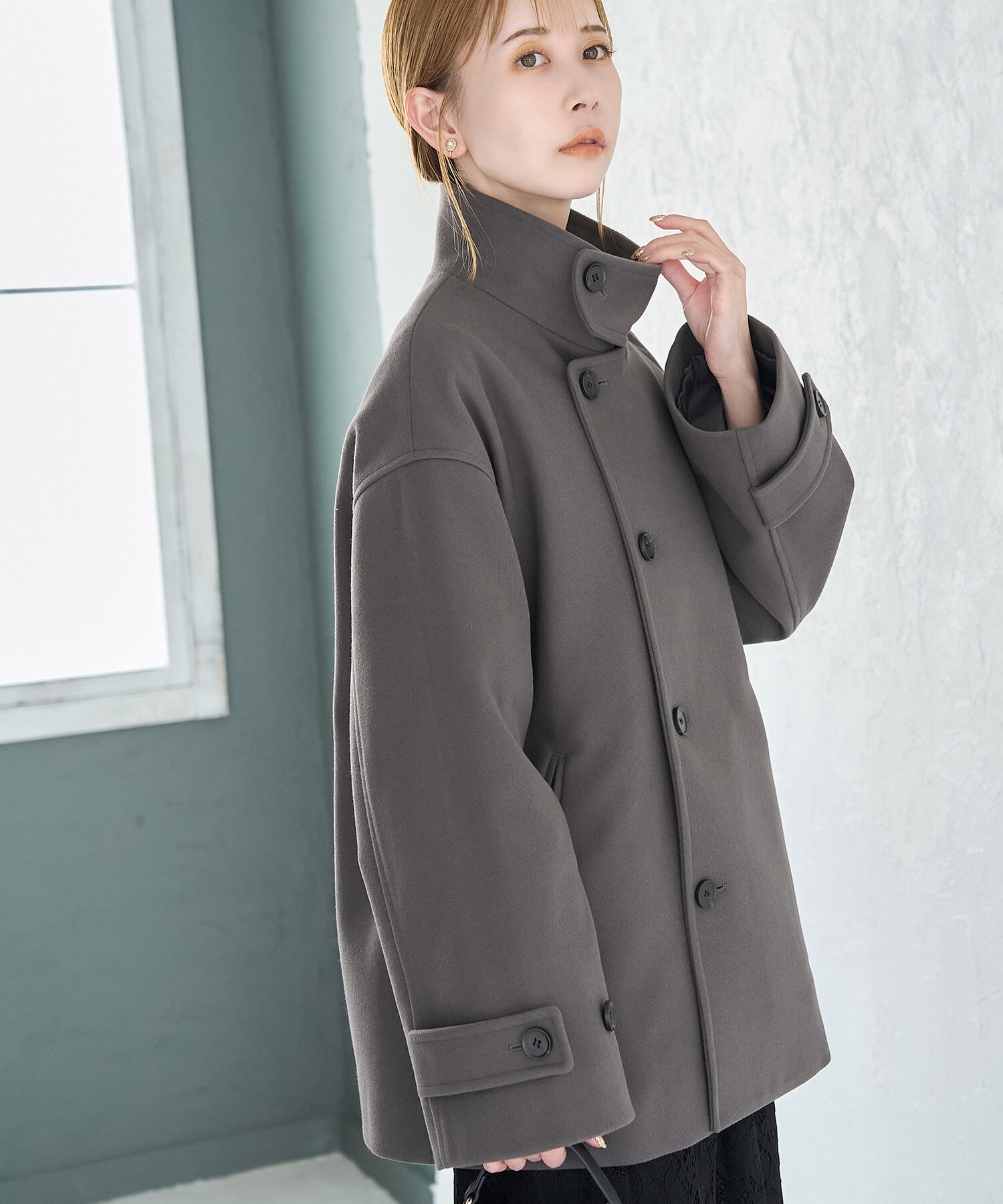 Rope&rsquo;Picnic「ジャージメルトンスタンドカラーミディ丈コート」|ステンカラーコート|