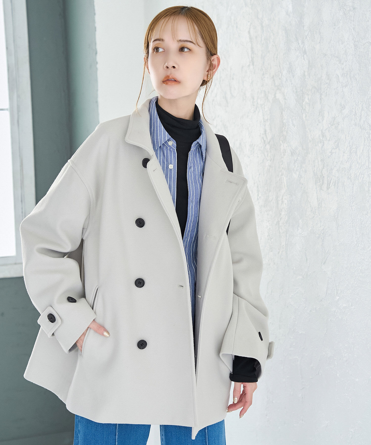 Rope&rsquo;Picnic「ジャージメルトンスタンドカラーミディ丈コート」|ステンカラーコート|