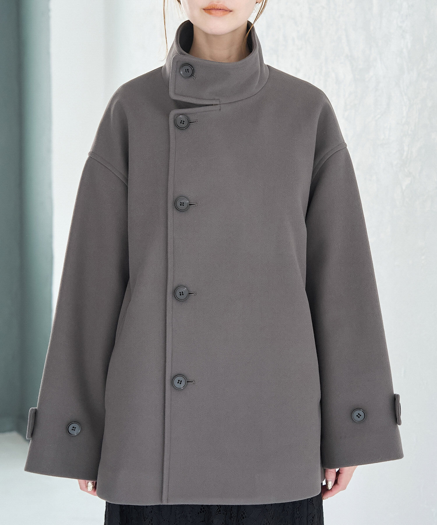 Rope&rsquo;Picnic「ジャージメルトンスタンドカラーミディ丈コート」|ステンカラーコート|