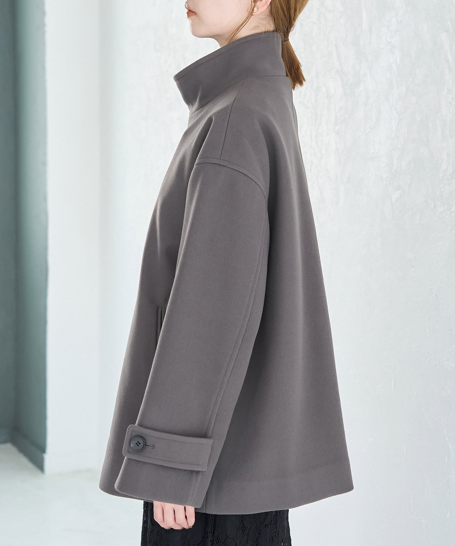 Rope&rsquo;Picnic「ジャージメルトンスタンドカラーミディ丈コート」|ステンカラーコート|