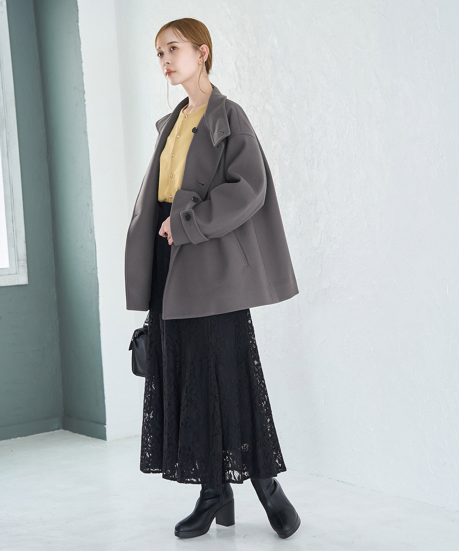 Rope&rsquo;Picnic「ジャージメルトンスタンドカラーミディ丈コート」|ステンカラーコート|