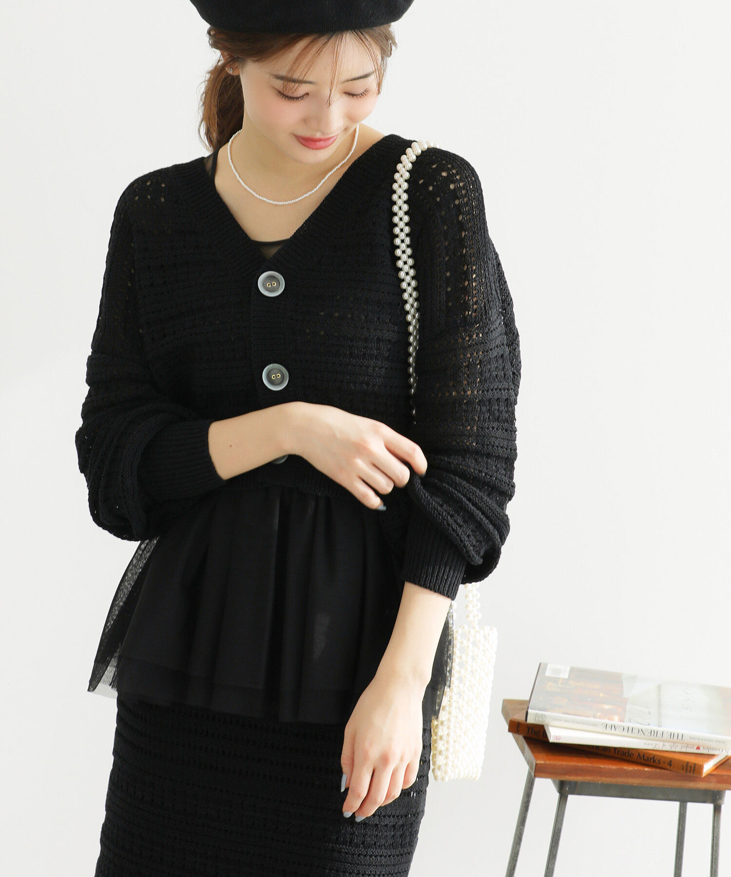 Rope&rsquo;Picnic「セットアップ対応/透かし編みテープヤーンニットカーディガン」|カーディガン|ブラック系(02)