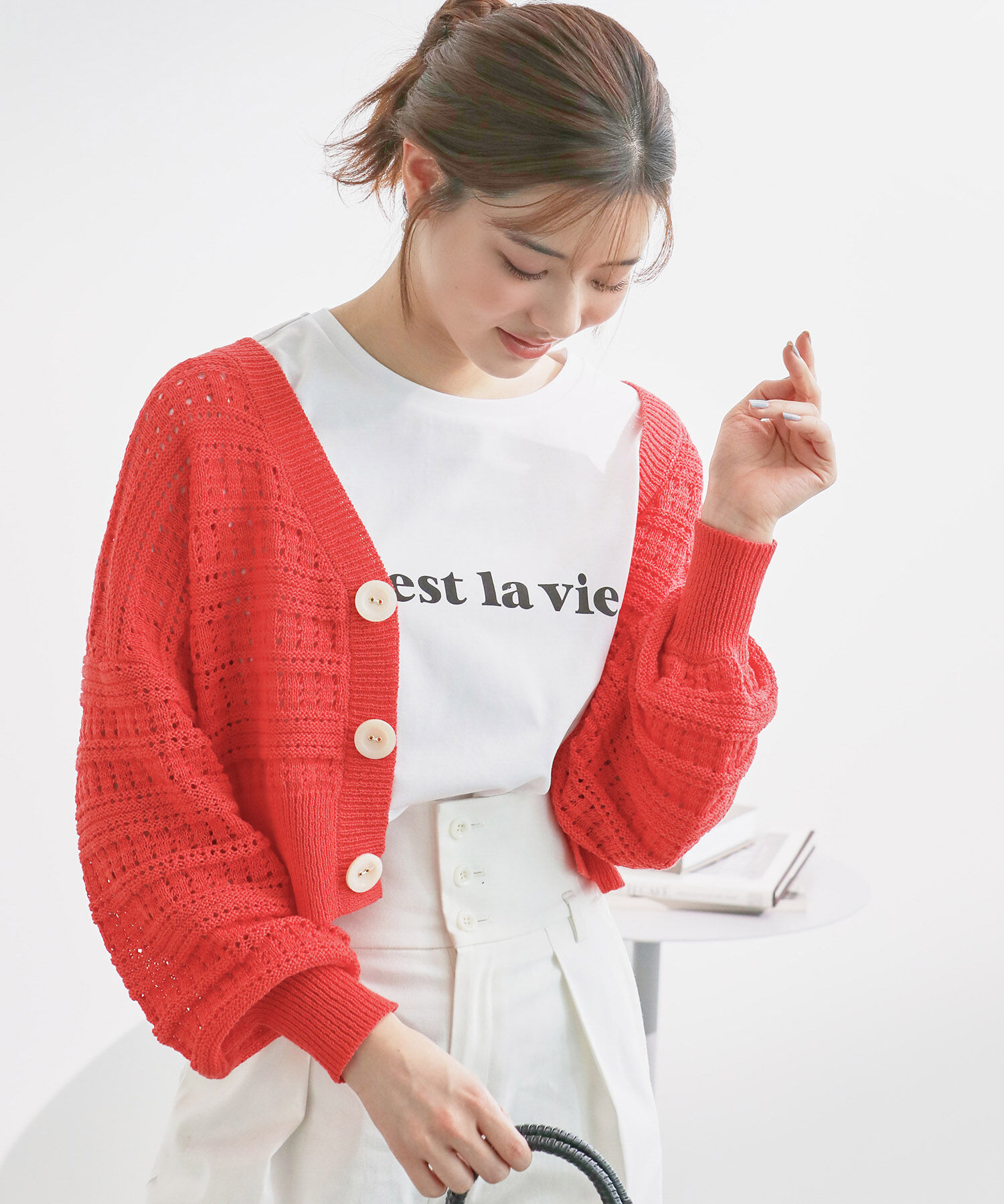 Rope&rsquo;Picnic「セットアップ対応/透かし編みテープヤーンニットカーディガン」|カーディガン|