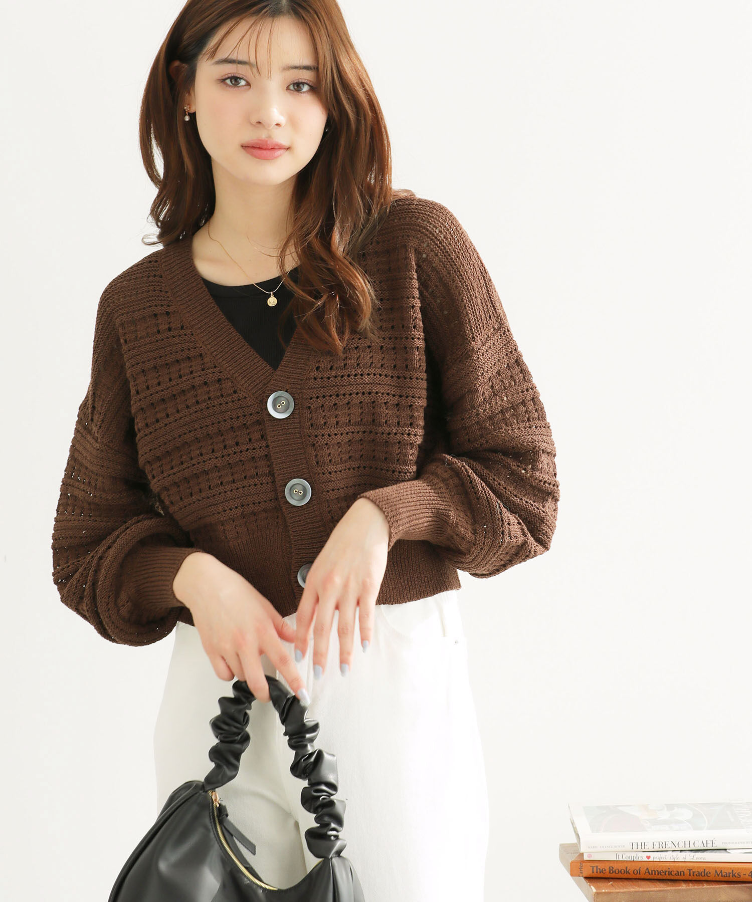 Rope&rsquo;Picnic「セットアップ対応/透かし編みテープヤーンニットカーディガン」|カーディガン|ブラウン系(23)