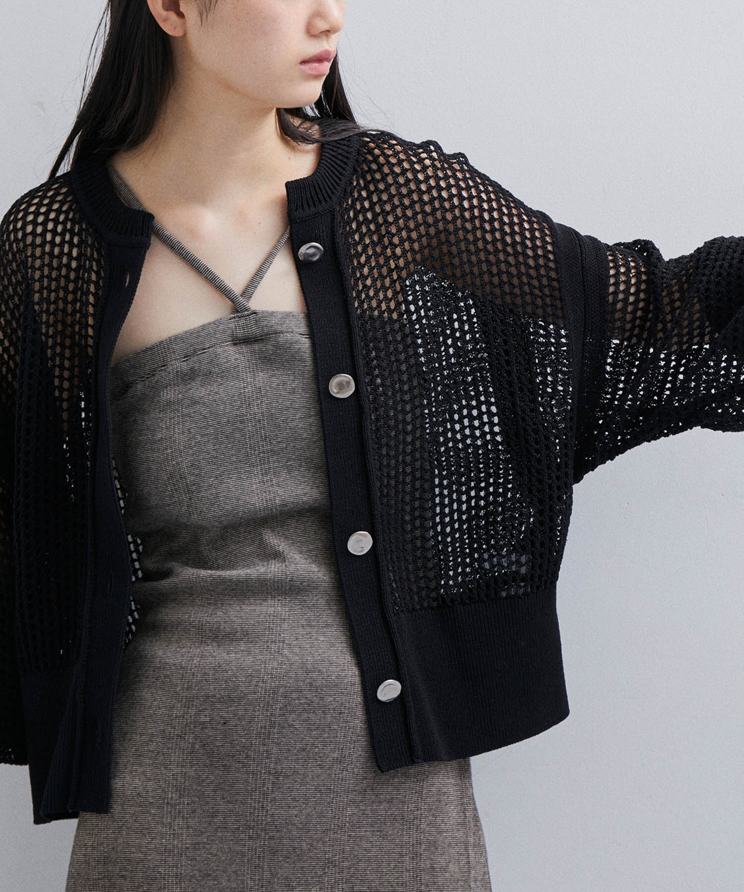ADAM ET ROPE'「パターンメッシュカーディガン」|カーディガン|ブラック(01)