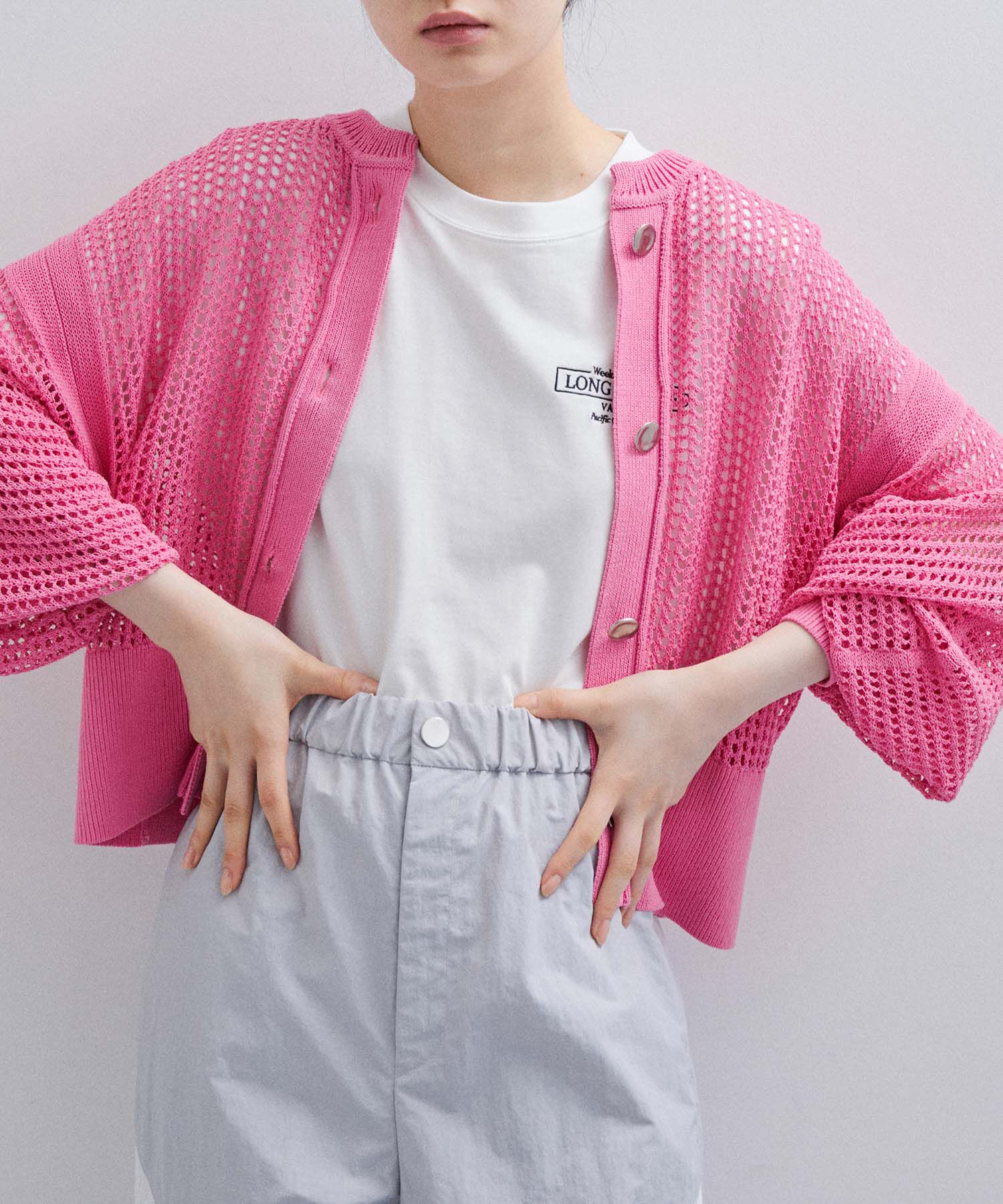 ADAM ET ROPE'「パターンメッシュカーディガン」|カーディガン|ピンク(63)