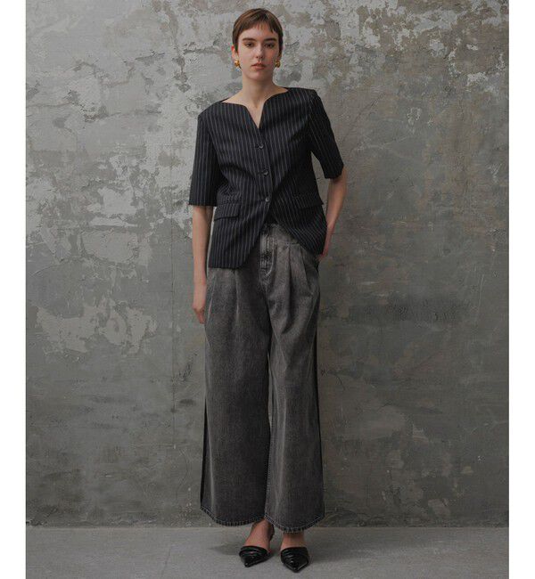 ADAM ET ROPE'「【EMOELLE】スリットネックハーフスリーブジャケット」|ノーカラージャケット|