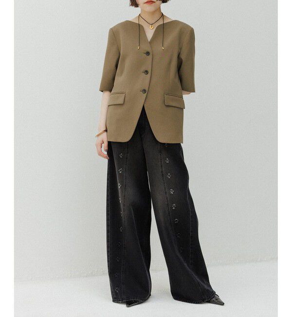 ADAM ET ROPE'「【EMOELLE】スリットネックハーフスリーブジャケット」|ノーカラージャケット|