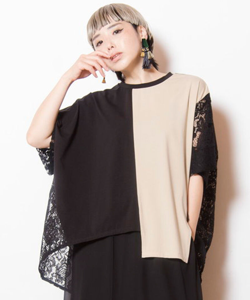  「レース切替ビッグTシャツ」|Tシャツ・カットソー|BLACK X BEIGE
