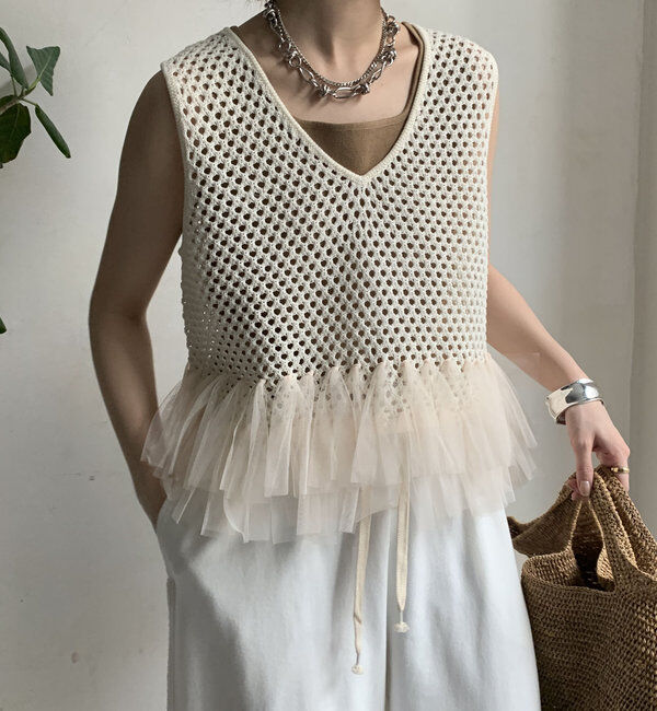  「【WEB限定】裾チュールメッシュニットベスト」|ニット・セーター|オフホワイト