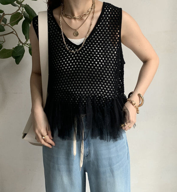  「【WEB限定】裾チュールメッシュニットベスト」|ニット・セーター|