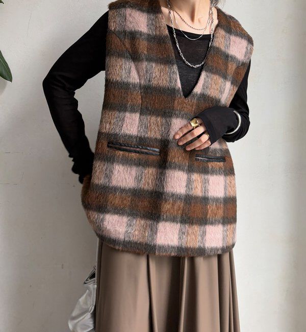  「【WEB限定】チェックシャギーベスト」|ベスト・ジレ|ブラウン