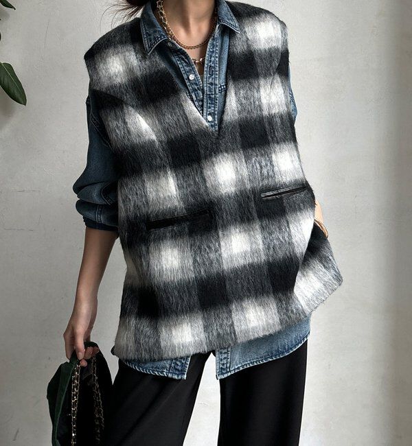  「【WEB限定】チェックシャギーベスト」|ベスト・ジレ|ブラック