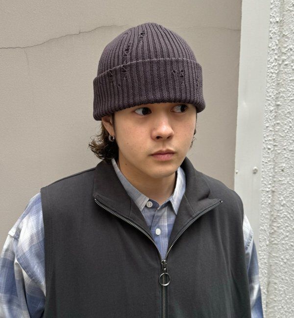  「【WHIMSIC】ダメージニットキャップ」|ハット|チャコールグレー