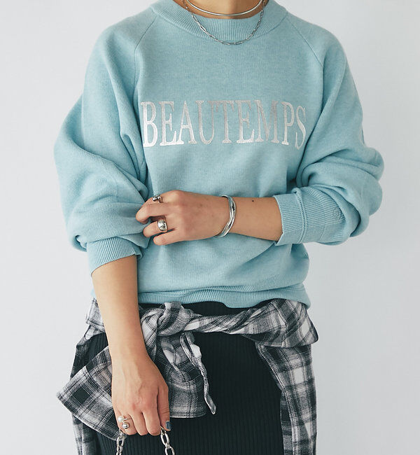  「《ゆったり着心地・体型カバー◎》スウェットライク箔ロゴニット」|ニット・セーター|スカイブルー