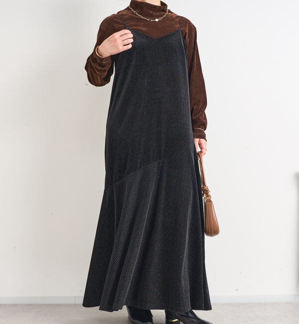  「ラメ入りベロア切替キャミワンピース」|その他|ブラック