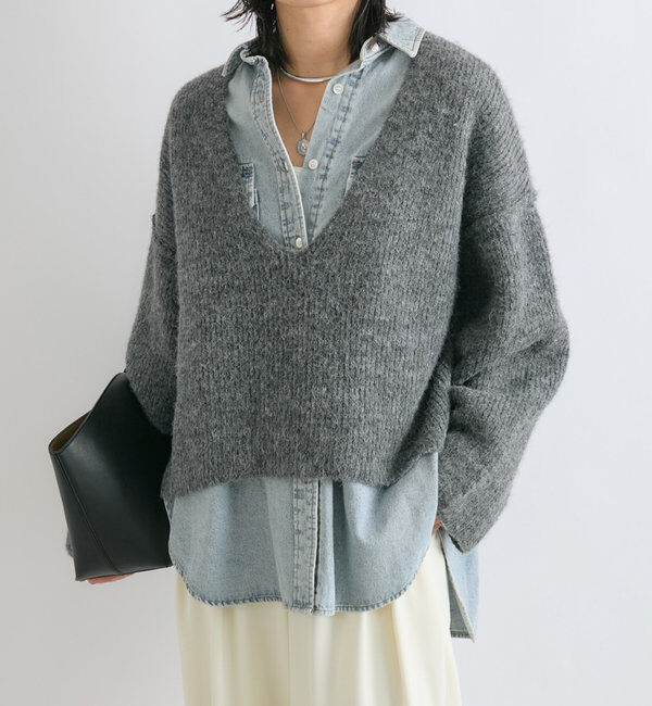  「【ゆったり着やすい】ルーズプランジニット」|ニット・セーター|チャコールグレー