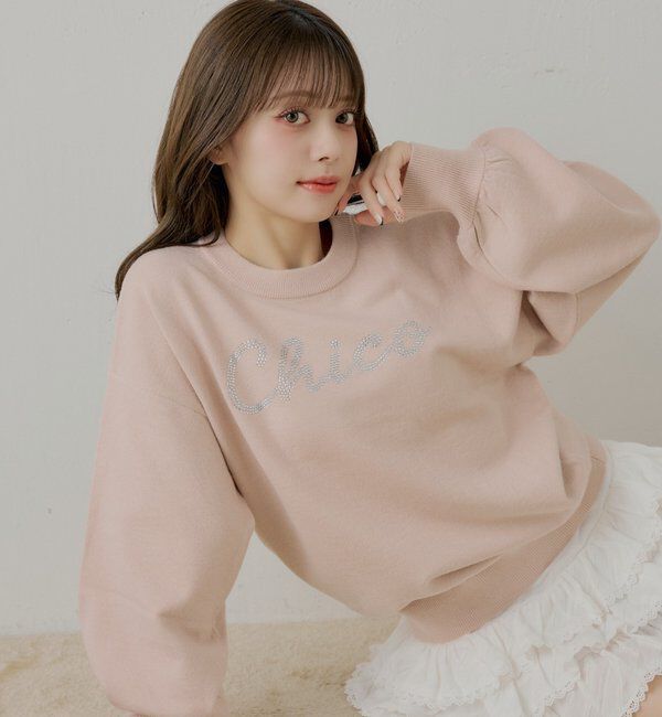  「ラインストーンロゴニット」|ニット・セーター|ピンク